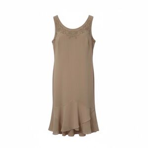 R&M Richards Beige Flowy Ruffle Dress with Beaded Embellishments